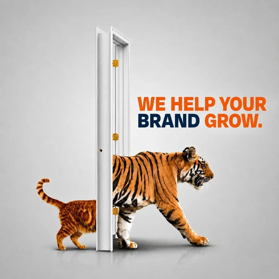 We help your brand grow — a cat walking through a door as a tiger