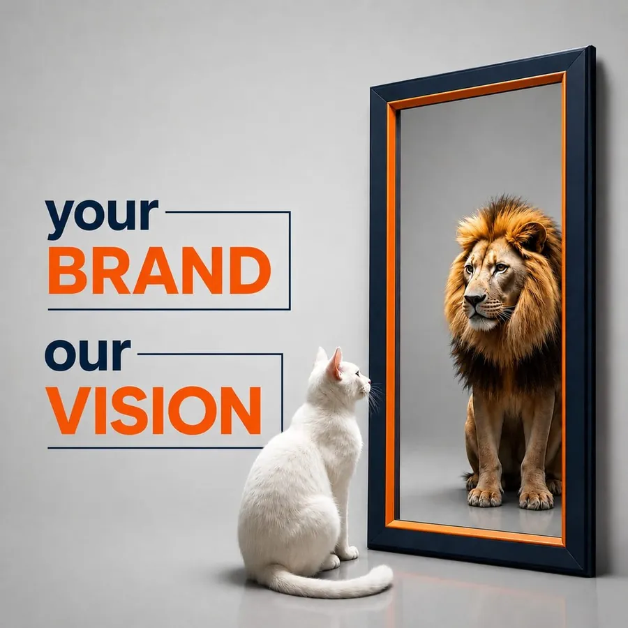 Your brand, our vision — a cat seeing a lion in the mirror